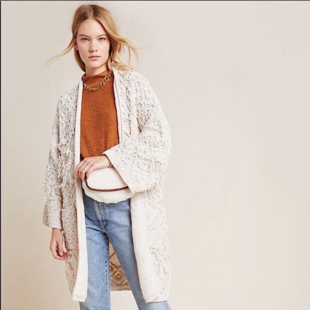 Anthropologie Akemi Kin Cream Ione Textured Tassel Oversized Cardigan Sweater OS